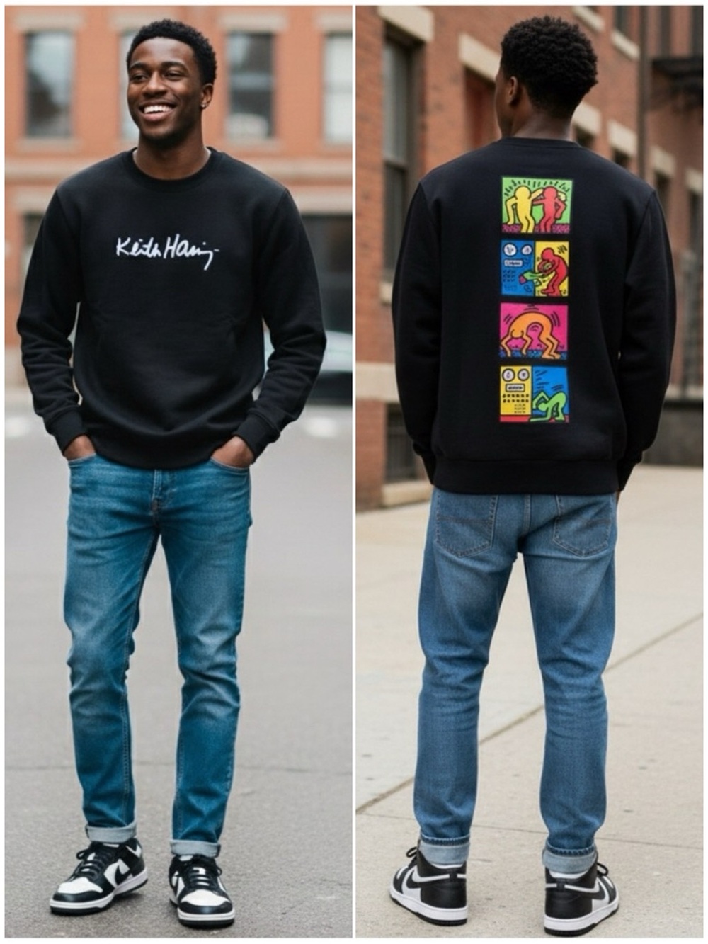 Keith Haring Black Crewneck Sweatshirt Pop Art Graphic Retro Unisex Size Large